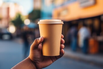 One hand holding take away paper cup on out door background.