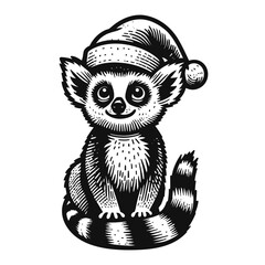 cute lemur wearing a Christmas hat sketch - obrazy, fototapety, plakaty