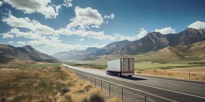 back view of single truck on road to mountain