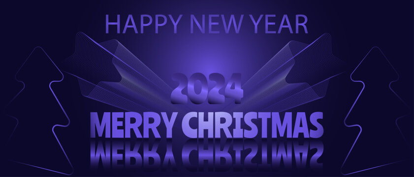 2024 merry christmas and happy new year greeting card on blue gradient with numbers, abstract Christmas tree, elegant text effect. Dark background with glowing lines. Holiday vector image. EPS 10.