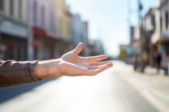 One open palm on blury street background.