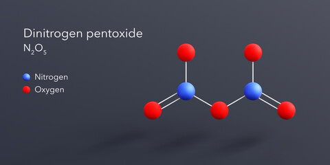 dinitrogen pentoxide molecule 3d rendering, flat molecular structure with chemical formula and atoms color coding