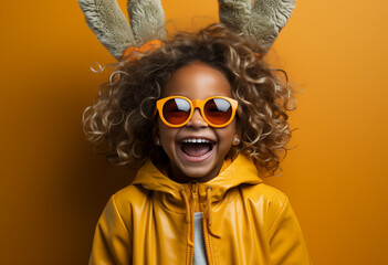 African American girl in yellow clothes and bunny ears on her head and yellow sunglasses on a yellow background. Easter concept