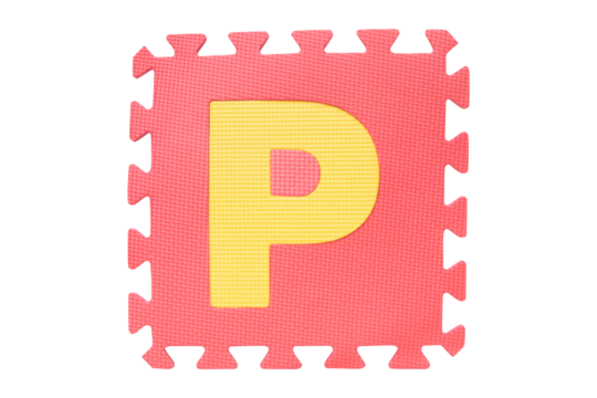 ฺJigsaw English English uppercase "P" alphabet foam plastic Isolated on cut out PNG. Jigsaw box with character. Colorful foam alphabet puzzle pieces. English used in learning education for children.	