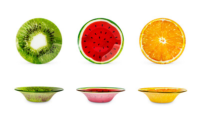 Separated bowl set looking like kiwi, watermelon, lemon cut fruits