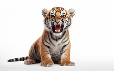 Fototapeta premium Cute little yellow tiger cub is sitting and has its fangs open on white background.