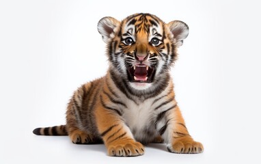 Obraz premium Small yellow tiger cub is sleeping and has open mouth with fangs on a white background.