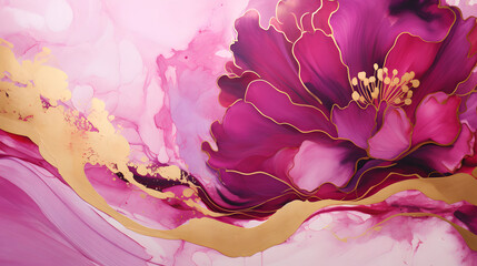 Fuchsia and gold colors, art painting, geode artist work of art. Fuchsia is a color named after the flower of the fuchsia plant. Luxury art in Eastern style background. generative AI.