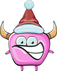 Vector cartoon funky pink monster with Santa Claus red hat isolated on white background. Funny and cute Childrens Merry Christmas greeting card with funny PINK monster elf Santa Claus character.
