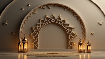 podium background. Ramadan holiday minimalism style . arabic design with shades of beige gold...