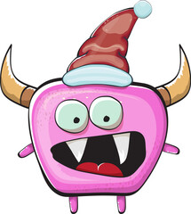 Vector cartoon funky pink monster with Santa Claus red hat isolated on white background. Funny and cute Childrens Merry Christmas greeting card with funny PINK monster elf Santa Claus character.