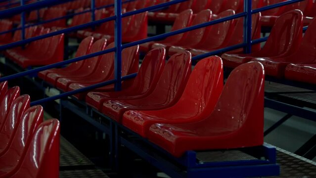 Red seats in the stadium. A row of chairs in the sports arena.