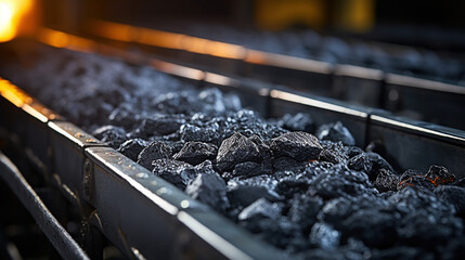 Coal moving along a conveyor belt. - obrazy, fototapety, plakaty