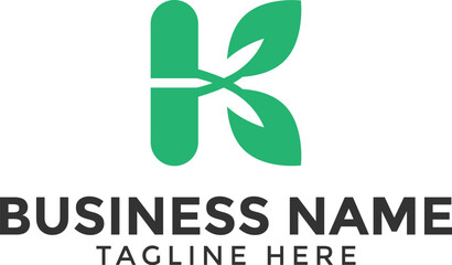 letter K medical logo with green leaf,  letter k with capsule and green leaf.
