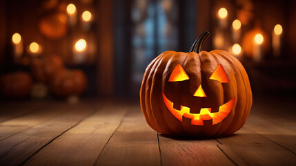 A jack-o-lantern sitting on a wooden surface.