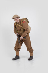 The man is an actor in vintage military uniform of the American soldier, period World War I, 1914-1918