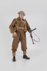 The man is an actor in vintage military uniform of the American soldier, period World War I, 1914-1918