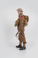 The man is an actor in vintage military uniform of the American soldier, period World War I, 1914-1918