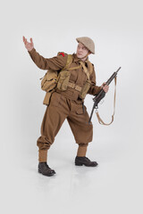 The man is an actor in vintage military uniform of the American soldier, period World War I, 1914-1918