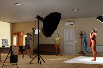Photographer working with a model in a photographic studio. 3D Render