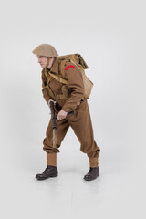 The man is an actor in vintage military uniform of the American soldier, period World War I, 1914-1918