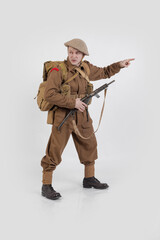 The man is an actor in vintage military uniform of the American soldier, period World War I,...