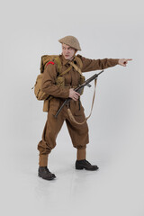 The man is an actor in vintage military uniform of the American soldier, period World War I, 1914-1918