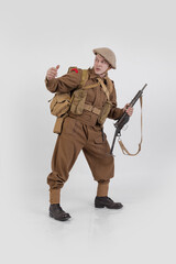 The man is an actor in vintage military uniform of the American soldier, period World War I, 1914-1918