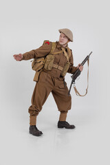 The man is an actor in vintage military uniform of the American soldier, period World War I, 1914-1918