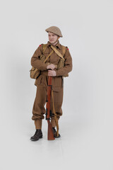 The man is an actor in vintage military uniform of the American soldier, period World War I, 1914-1918