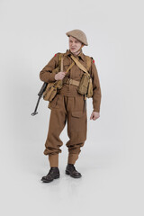 The man is an actor in vintage military uniform of the American soldier, period World War I, 1914-1918