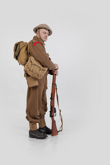 The man is an actor in vintage military uniform of the American soldier, period World War I, 1914-1918