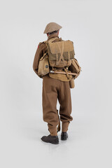 The man is an actor in vintage military uniform of the American soldier, period World War I, 1914-1918