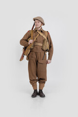 The man is an actor in vintage military uniform of the American soldier, period World War I, 1914-1918