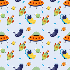 Seamless pattern with various astronaut cats in helmets, spacesuits, playing among the stars in space. Spaceships. Vector illustration