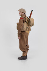 The man is an actor in vintage military uniform of the American soldier, period World War I, 1914-1918