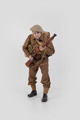 The man is an actor in vintage military uniform of the American soldier, period World War I, 1914-1918