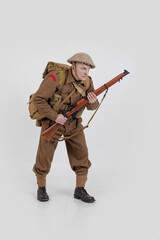 The man is an actor in vintage military uniform of the American soldier, period World War I, 1914-1918