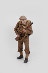 The man is an actor in vintage military uniform of the American soldier, period World War I, 1914-1918