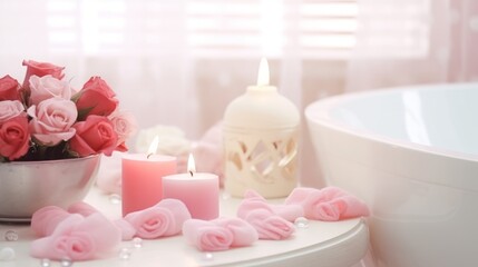 Fototapeta na wymiar Elegant white bathroom interior with roses and candles. A relaxing bathroom