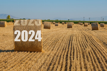 Happy New Year 2024 agricultural business concept. View of bales in the field. - obrazy, fototapety, plakaty