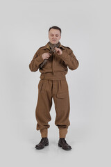 The man is an actor in vintage military uniform of the American soldier, period World War I, 1914-1918