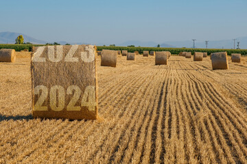 Happy New Year 2024 agricultural business concept. View of bales in the field.