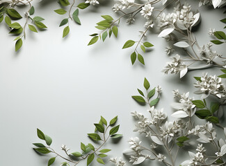 Leaf top view, tree branches background. AI generative