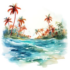 Fototapeta na wymiar Watercolor landscape with palm trees and ocean.