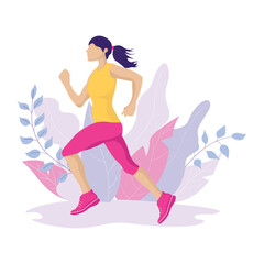 Young woman jogging. Active healthy lifestyle concept, running, city competition, marathons, cardio workout, exercise. Isolated vector illustrations for flyer, leaflet, advertising banner