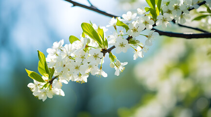 Delicate white blossoms adorn a tree branch, signaling the arrival of spring.