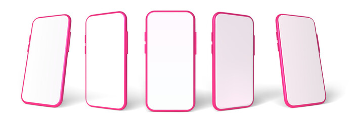Pink smartphone mockup in 3D Style. Vector template set. Mobile phone front view on the white background. - obrazy, fototapety, plakaty
