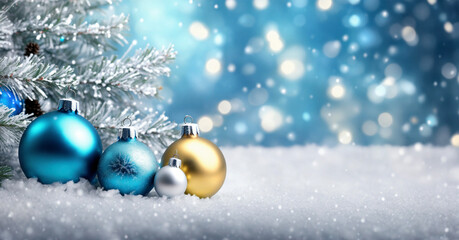 Fototapeta na wymiar Snowy christmas tree with ball banner - AI generated