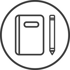 Notebook icon in thin line black circle frames.